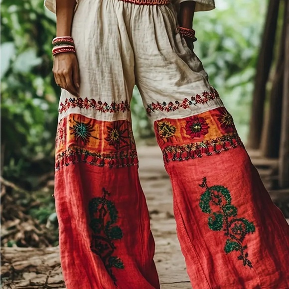 Bohemian Embroidered Wide-Leg Pants - Red and White - Picture 3 of 3